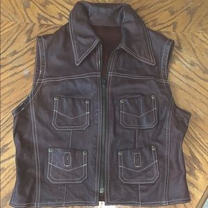 Brown Faux Leather Vest Zip Up with Pockets Small